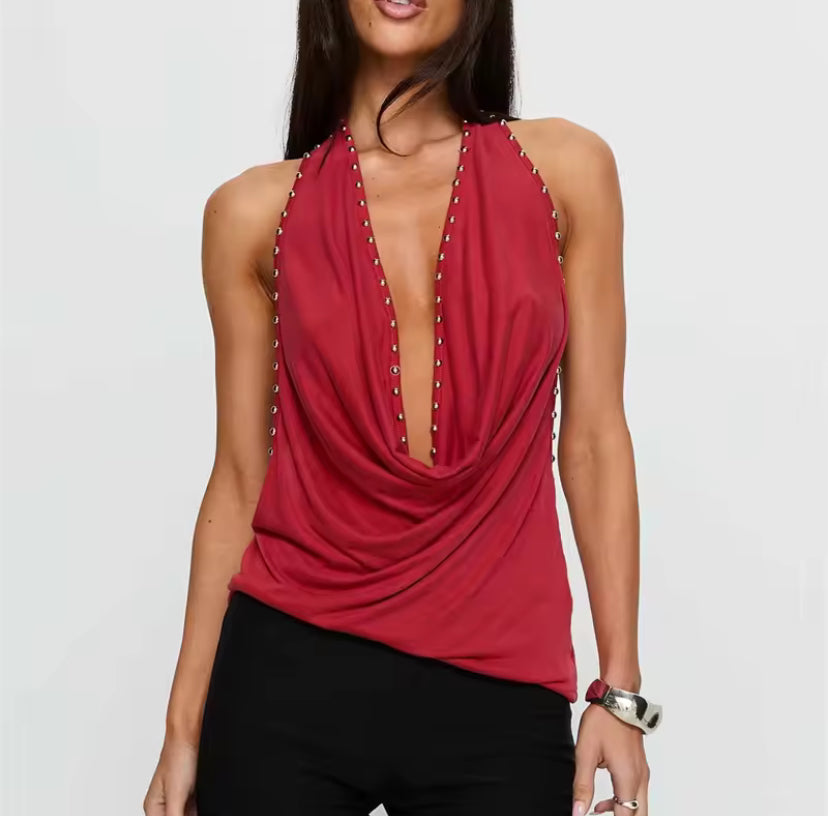 Studded Cowl Halter Backless Top