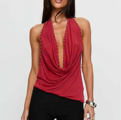 Studded Cowl Halter Backless Top