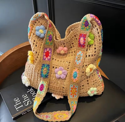 Crochet Knitted Flower Detail Tote Bag