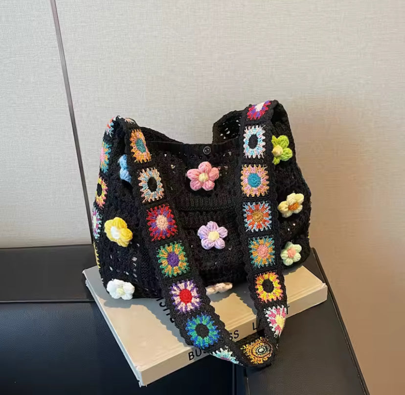 Crochet Knitted Flower Detail Tote Bag