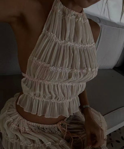 Ruched Mesh Ruffle Maxi Skirt Co-Ord