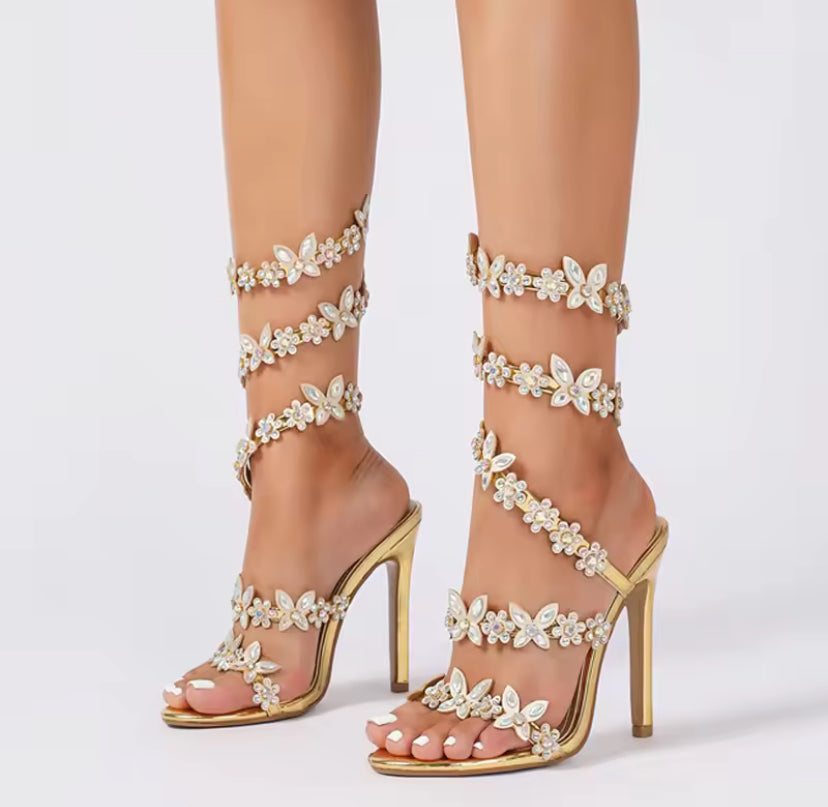 Rhinestone Wrap-around Floral Butterfly Heels