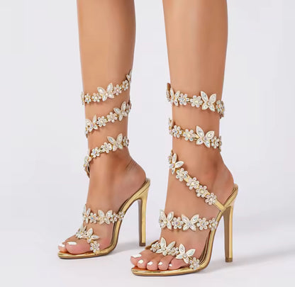 Rhinestone Wrap-around Floral Butterfly Heels