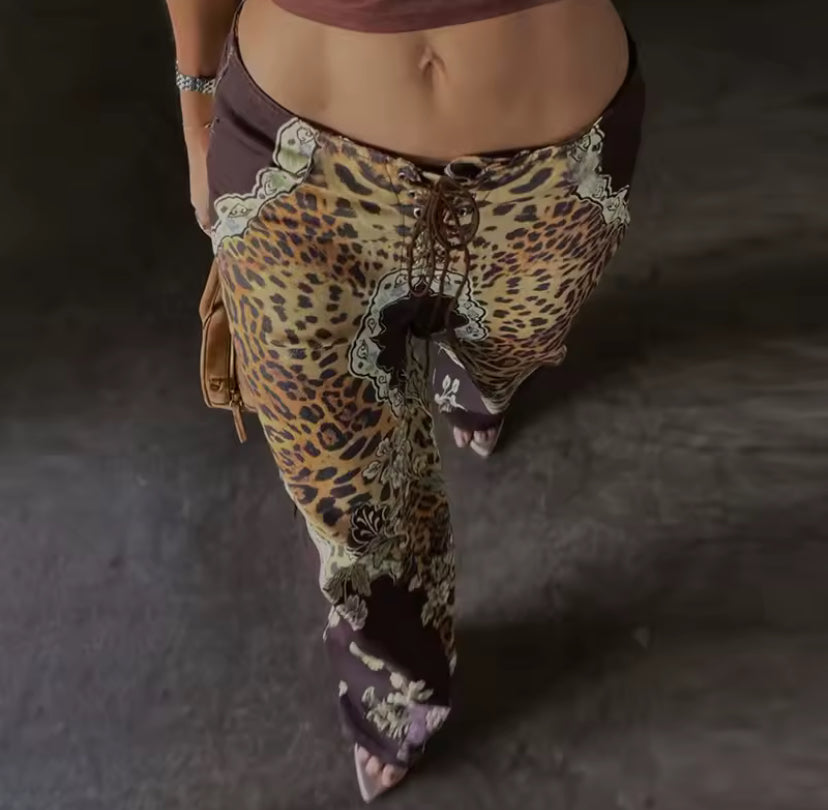 Leopard Lace Up Front Trousers