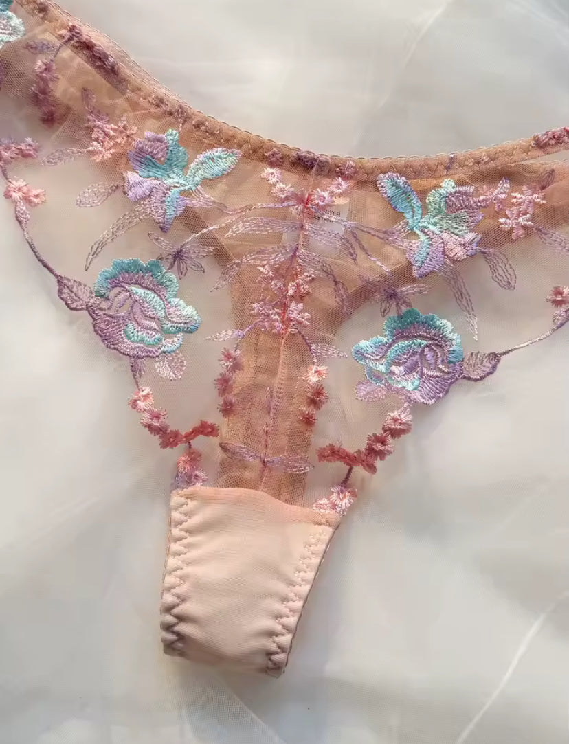 Pastel Pink Floral Embroidered Underwear Set