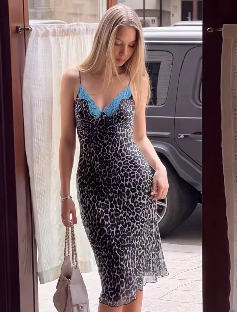 Blue Lace Detail Leopard Print Midi Dress