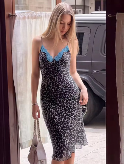 Blue Lace Detail Leopard Print Midi Dress