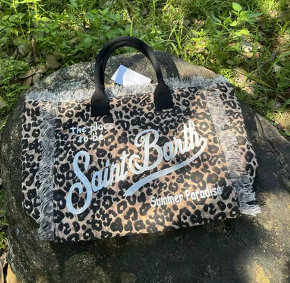 Large Slogan Print Frayed Canvas Tassel Tote Shoulder Bag