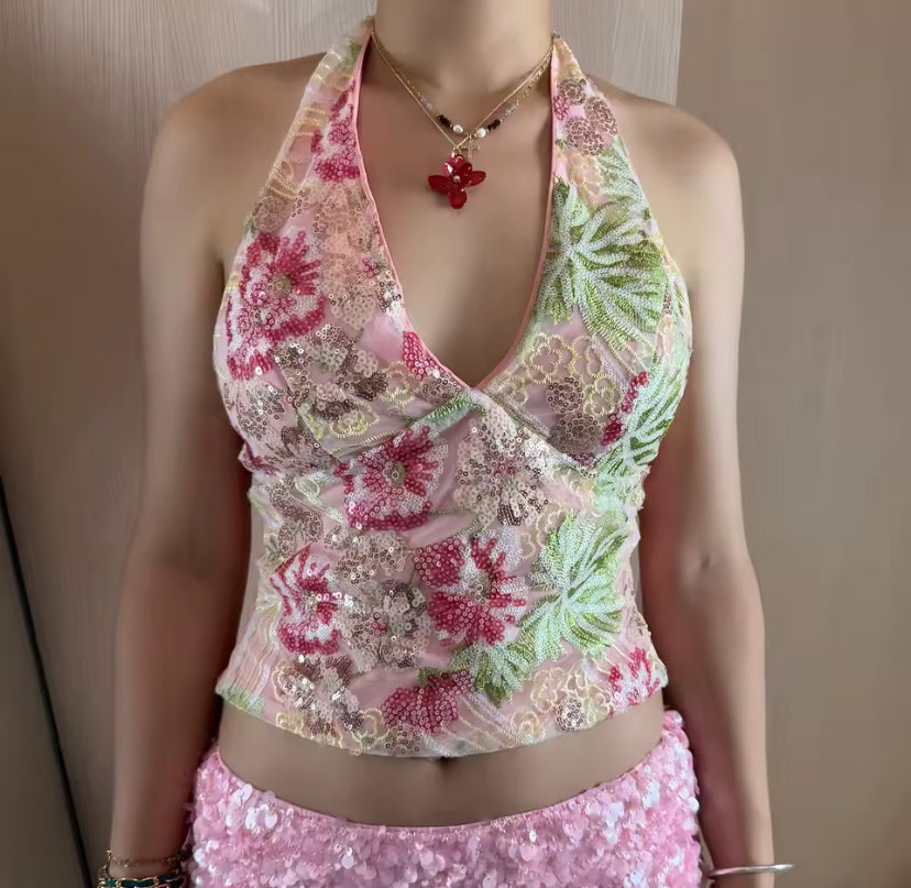 Floral Lace Sequin Halter Top
