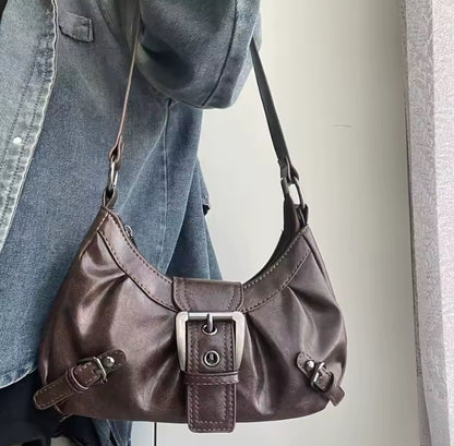 Faux Leather Ruched Buckle Bag