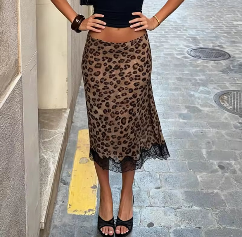 Leopard Print Lace Midi Skirt
