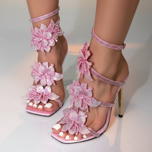 Pink Sparkly Flower Detail Wrap Around Heels