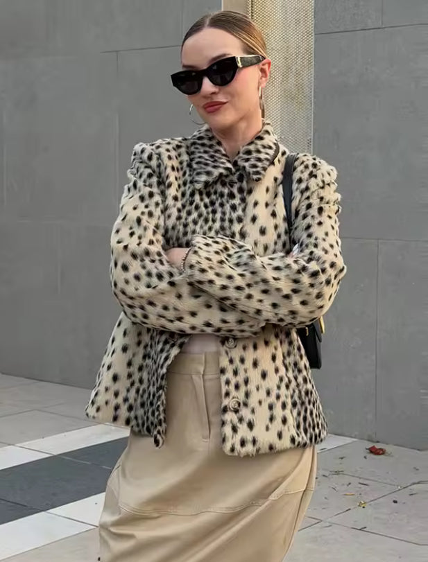 Leopard Print Collared Fur Jacket