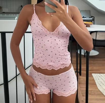 Pink Floral Lace Hem Pyjama Set