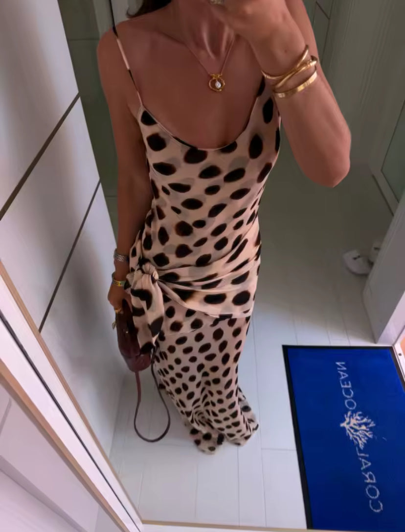 Mesh Dot Print Tie Up Layered Maxi Dress