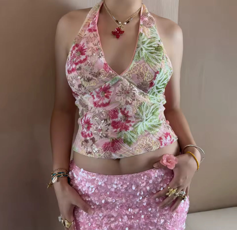 Floral Lace Sequin Halter Top