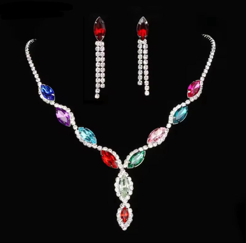 Colourful Crystal Necklace, Earrings & Bracelet Set