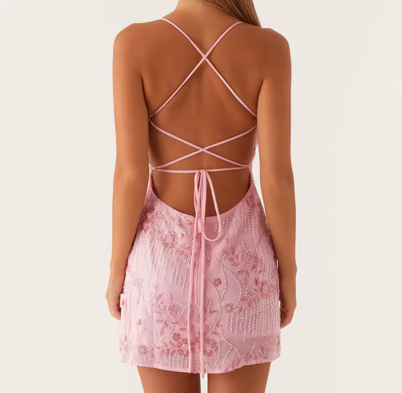 Floral Beaded Sequin Mini Dress