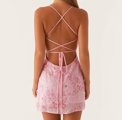 Floral Beaded Sequin Mini Dress