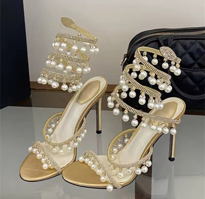 Wrap-Around Pearl Dangle Heels