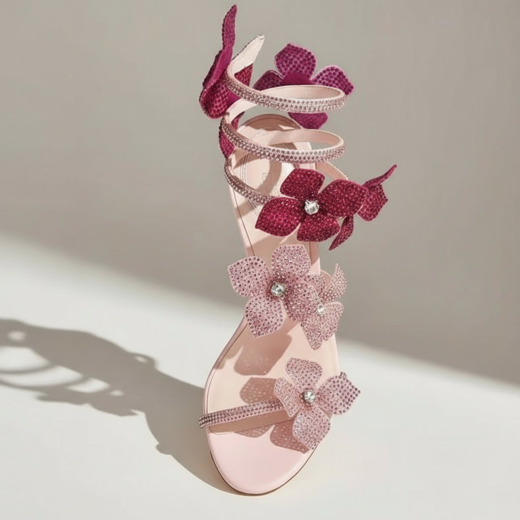 Pink Sparkly Flower Detail Wrap Around Strap Heels