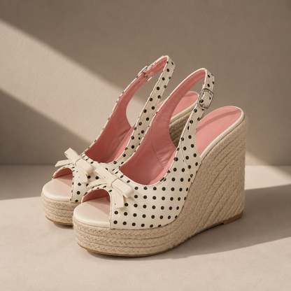 Satin Polka Dot Wedge Bow Heels