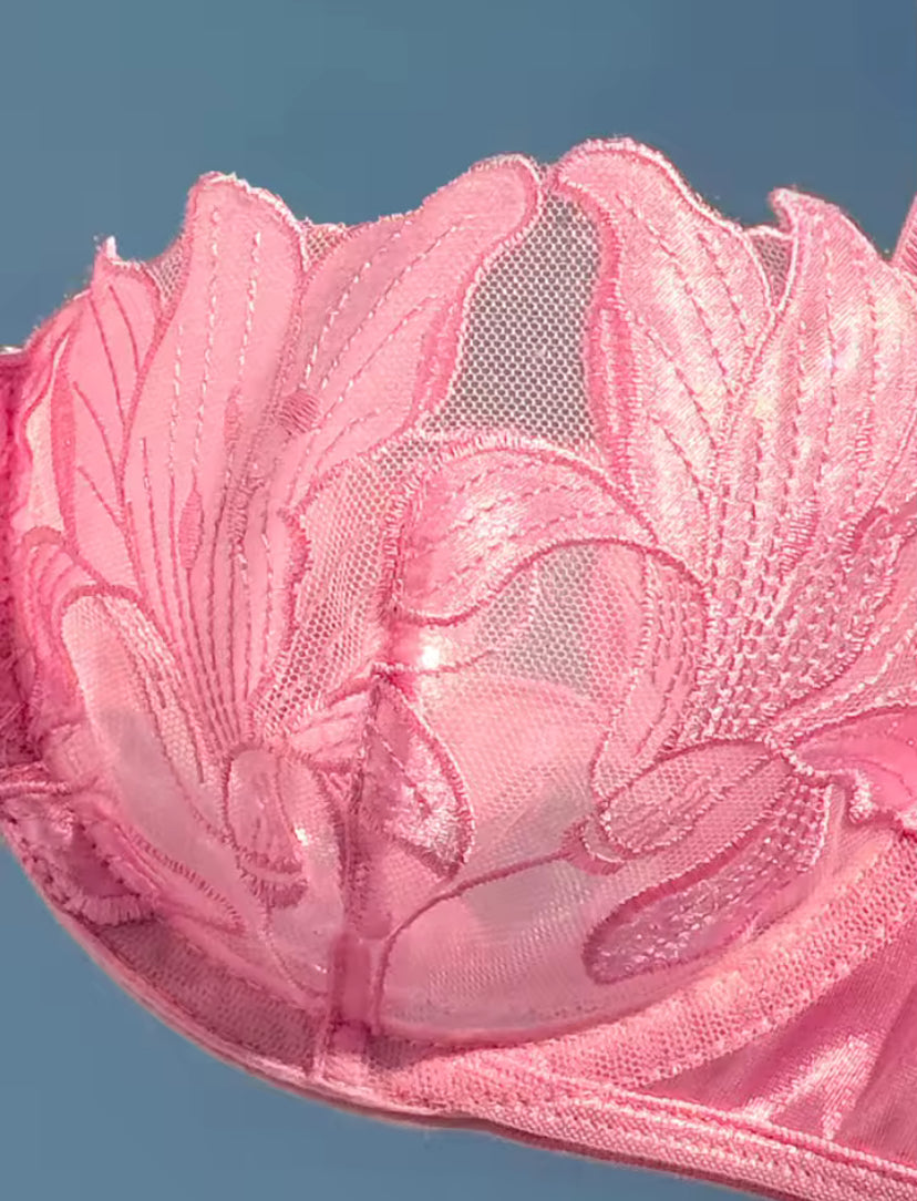 Pink Satin Floral Embroidered Underwear Set