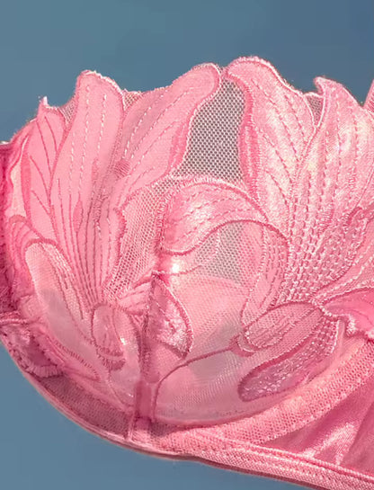 Pink Satin Floral Embroidered Underwear Set