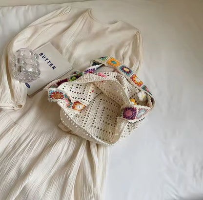 Crochet Knitted Flower Detail Tote Bag