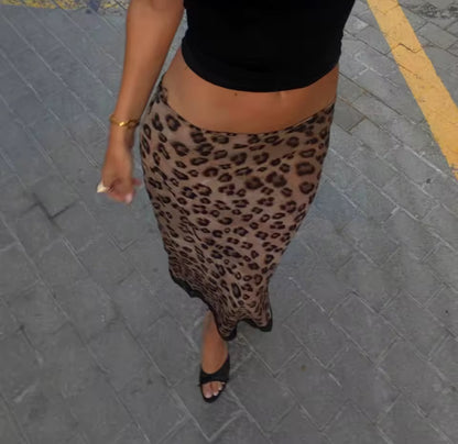 Leopard Print Lace Midi Skirt