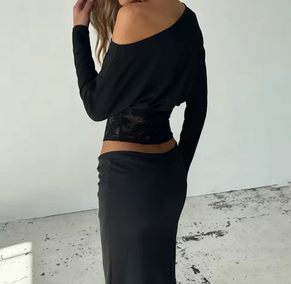 Long Sleeve Off-Shoulder Lace Waist Top