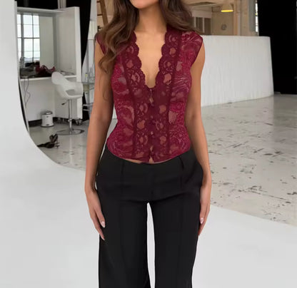 Sheer Mesh Lace Open Front Top