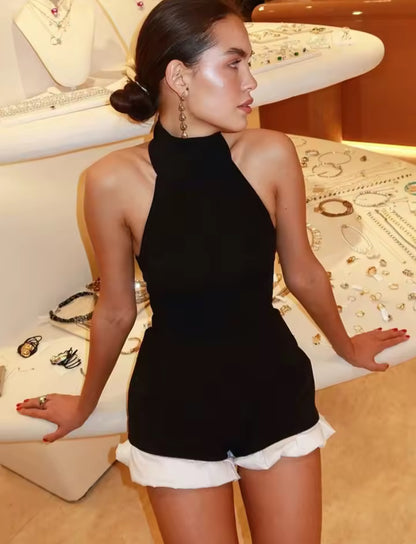 Contrast Halter Neck Ruffle Romper