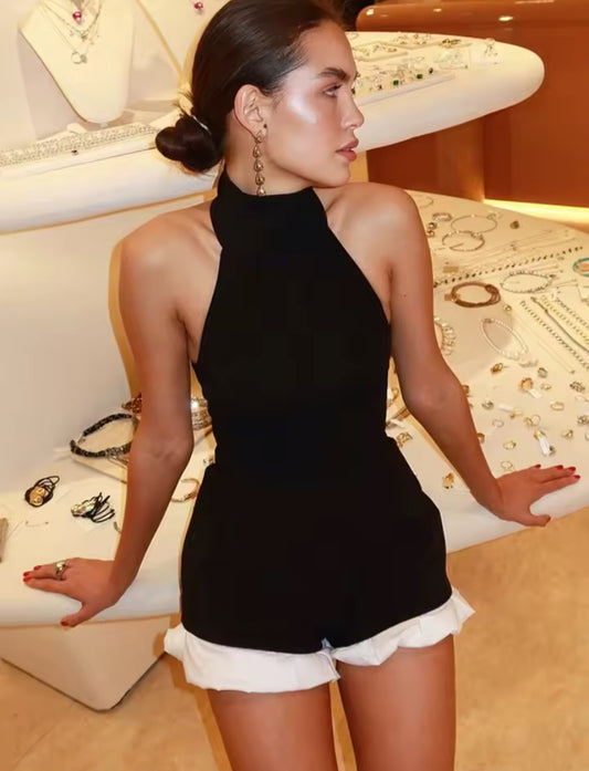 Contrast Halter Neck Ruffle Romper