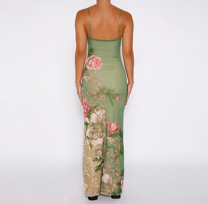 Floral V-Neck Bodycon Maxi Dress