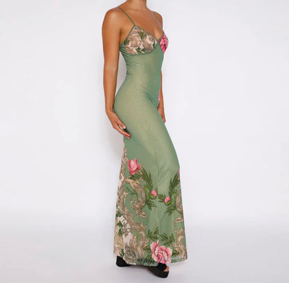 Floral V-Neck Bodycon Maxi Dress