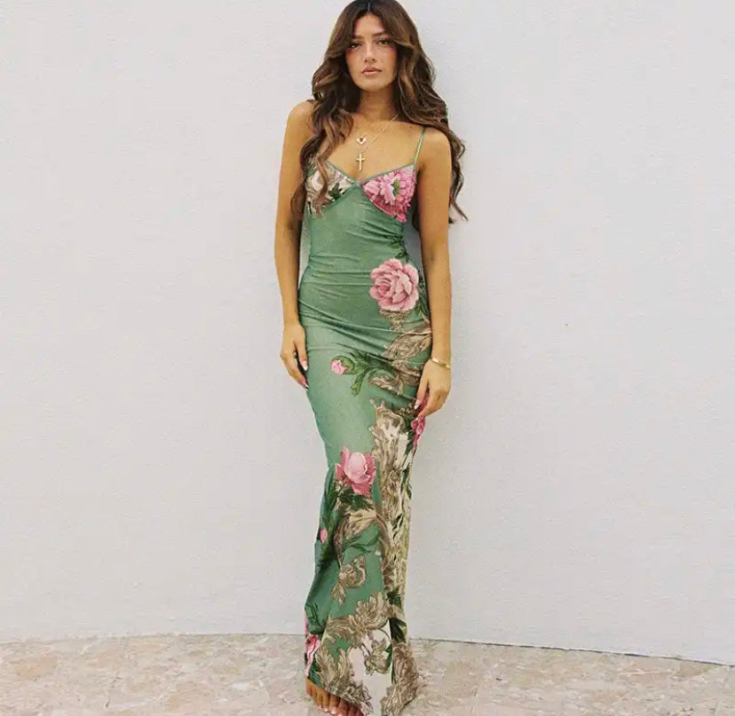 Floral V-Neck Bodycon Maxi Dress