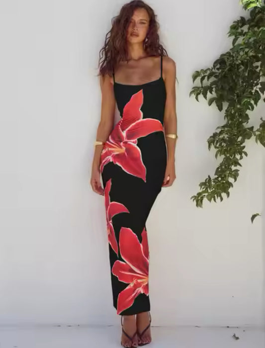 Flower Print Bodycon Split Maxi Dress