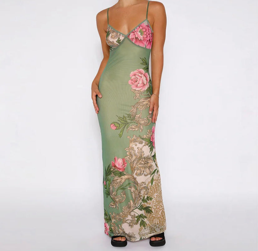 Floral V-Neck Bodycon Maxi Dress