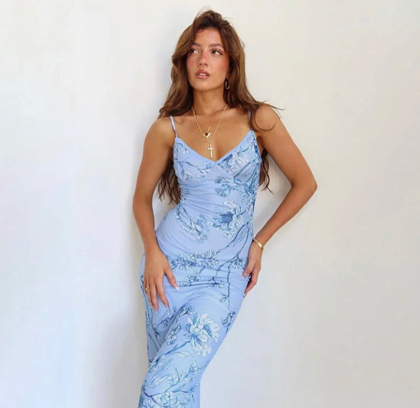 Floral V-Neck Bodycon Maxi Dress