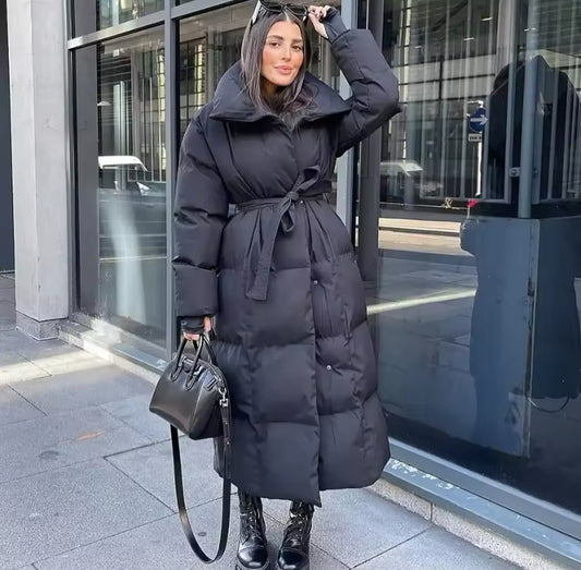 Long Tie Up Waist Puffer Jacket