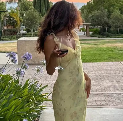 Yellow Floral Mesh Maxi Dress