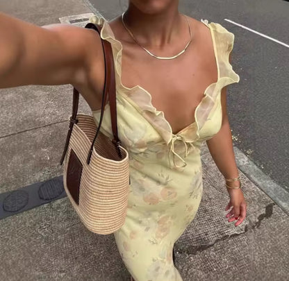 Yellow Floral Mesh Maxi Dress