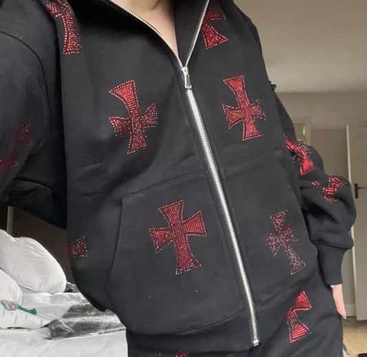 Coloured Rhinestone Cross Print Tracksuit