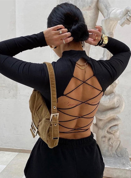 Black Lace Up Backless Crop Top