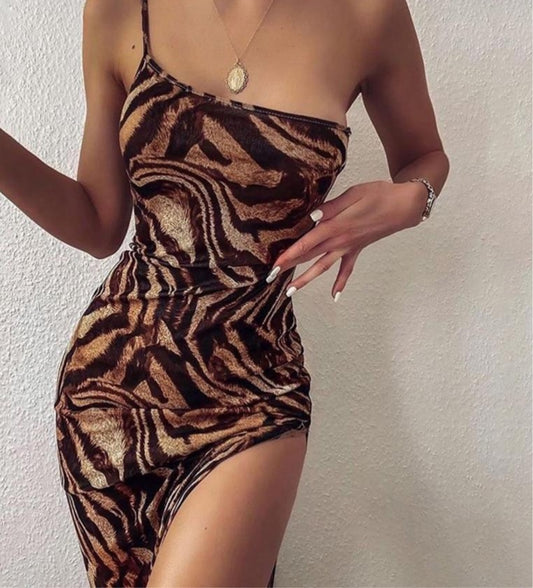 Zebra Print One Shoulder Side Split dress