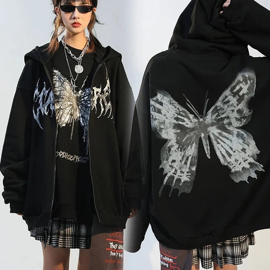 Butterfly Print Zip Up Hoodie