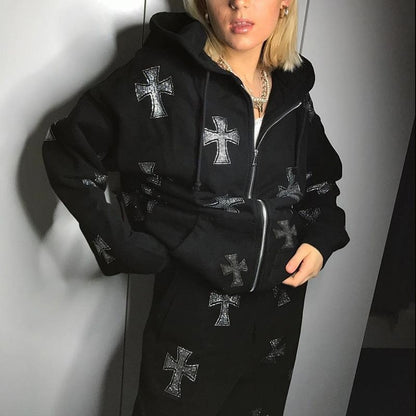 Rhinestone Cross Print Tracksuit