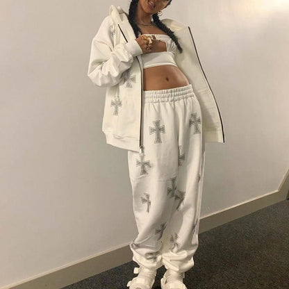 Rhinestone Cross Print Tracksuit